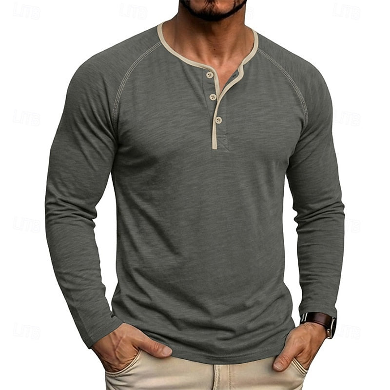 Henley Shirt Men's Long Sleeve Button Neck Army Green – Casual, Office, Gift · Faylori