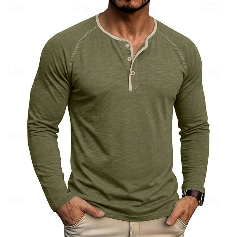 Henley Shirt Men's Long Sleeve Button Neck Army Green – Casual, Office, Gift · Faylori