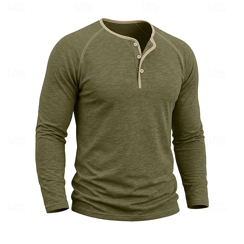 Henley Shirt Men's Long Sleeve Button Neck Army Green – Casual, Office, Gift · Faylori