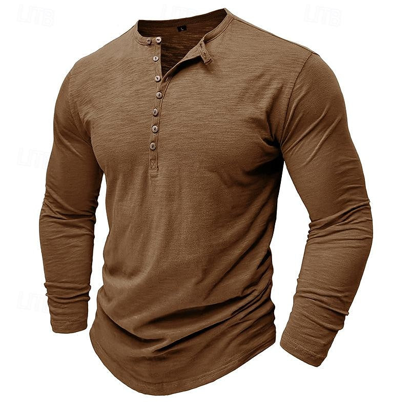 Henley Shirt Men's Long-Sleeve Button Placket Army Green – Casual, Office · Faylori
