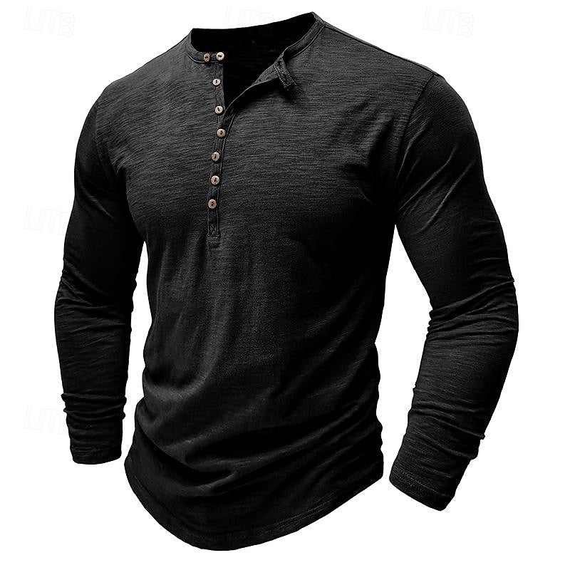 Henley Shirt Men's Long-Sleeve Button Placket Army Green – Casual, Office · Faylori