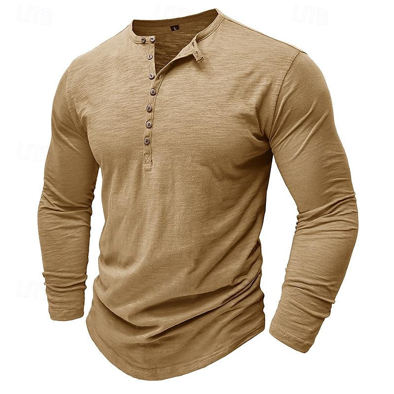 Henley Shirt Men's Long-Sleeve Button Placket Army Green – Casual, Office · Faylori