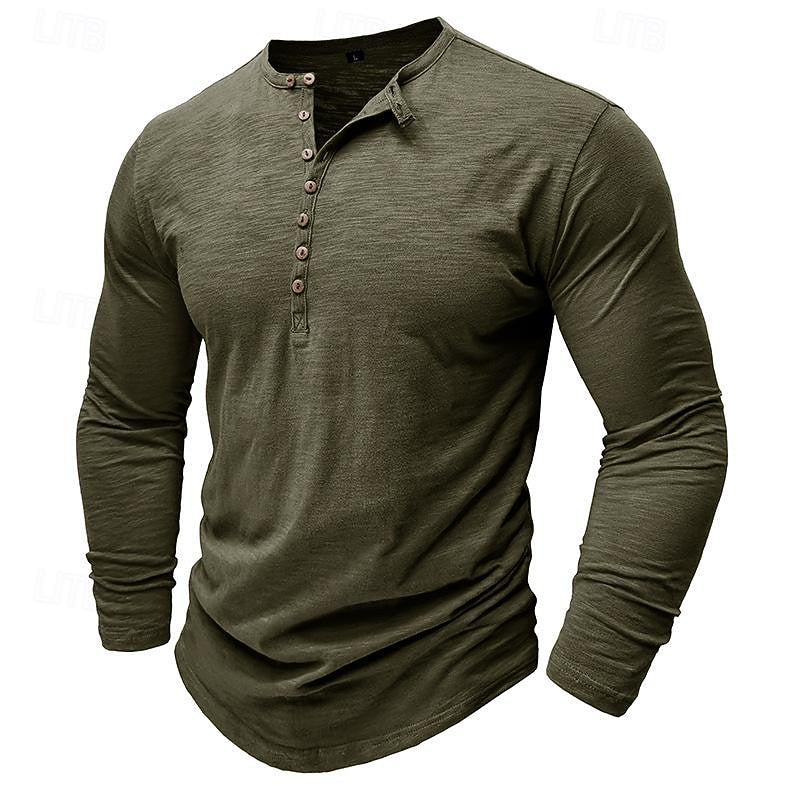 Henley Shirt Men's Long-Sleeve Button Placket Army Green – Casual, Office · Faylori