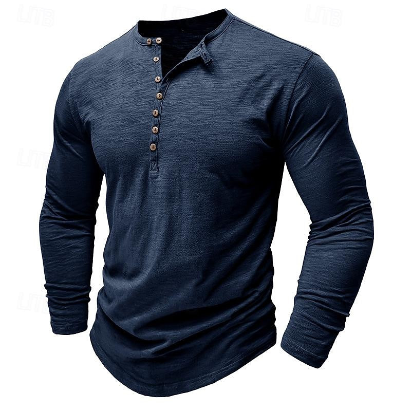 Henley Shirt Men's Long-Sleeve Button Placket Army Green – Casual, Office · Faylori