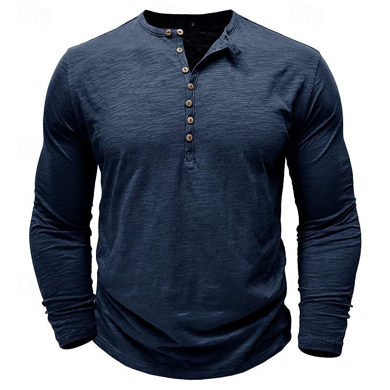 Henley Shirt Men's Long-Sleeve Button Placket Army Green – Casual, Office · Faylori