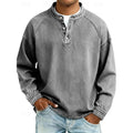 Henley Shirt Men's Long Sleeve Stand-Collar Vintage Washed Grey Button Pullover – Casual, Everyday