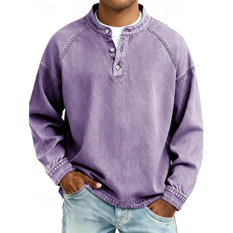 Henley Shirt Men's Long Sleeve Stand-Collar Vintage Washed Grey Button Pullover – Casual, Everyday