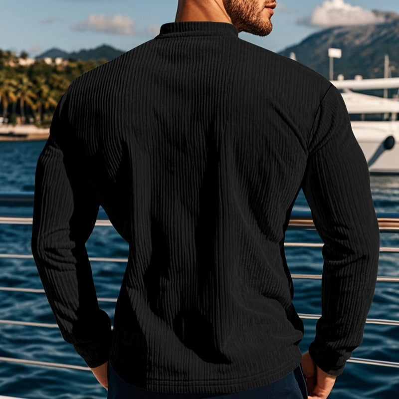 Henley Shirt Men's Ribbed Long Sleeve Button Neck Brown – Casual, Office · Faylori