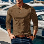 Henley Shirt Men's Ribbed Long Sleeve Button Neck Brown – Casual, Office · Faylori