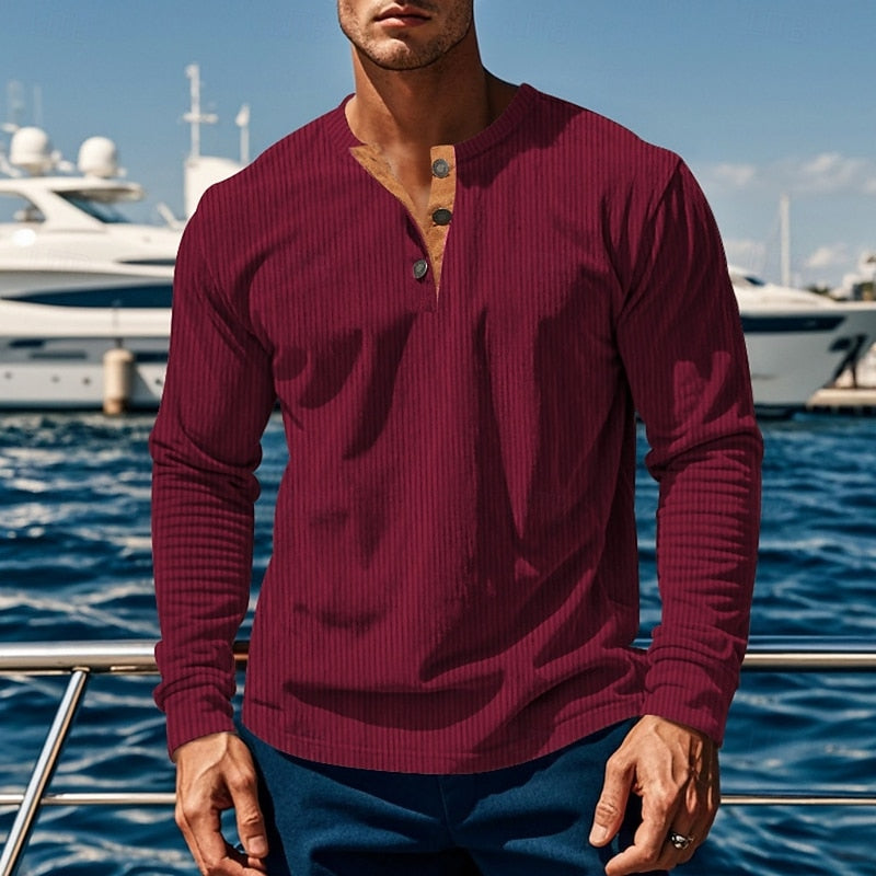 Henley Shirt Men's Ribbed Long Sleeve Button Neck Brown – Casual, Office · Faylori