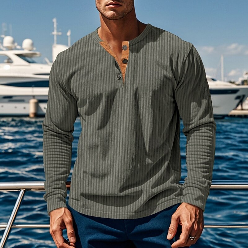 Henley Shirt Men's Ribbed Long Sleeve Button Neck Brown – Casual, Office · Faylori