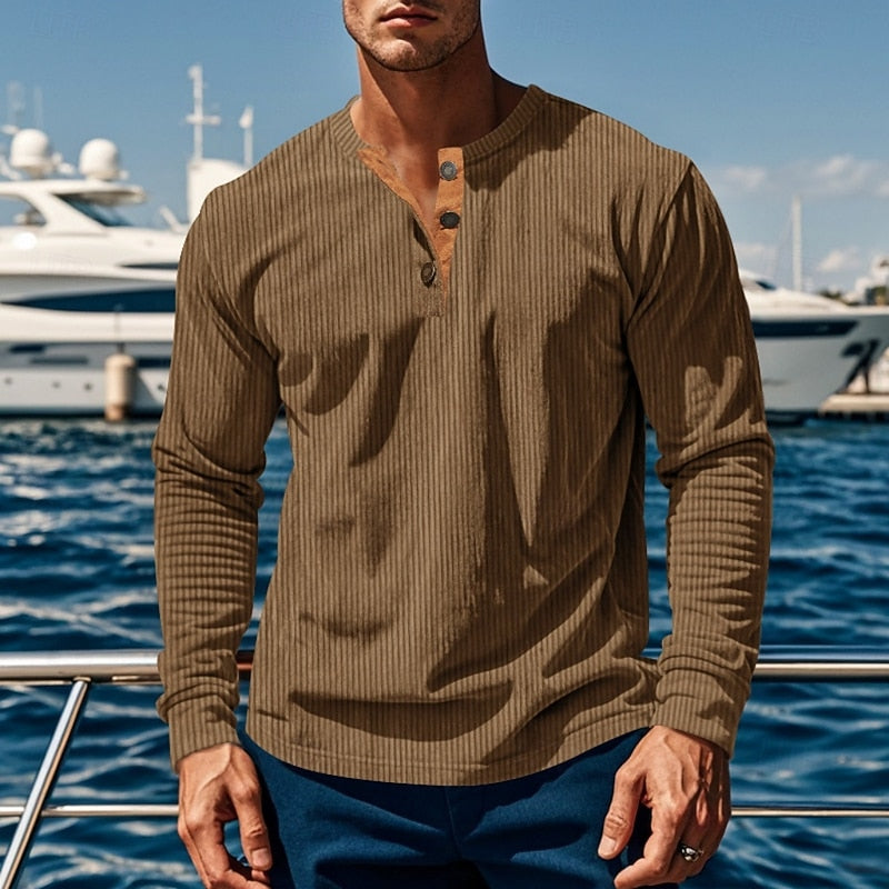Henley Shirt Men's Ribbed Long Sleeve Button Neck Brown – Casual, Office · Faylori