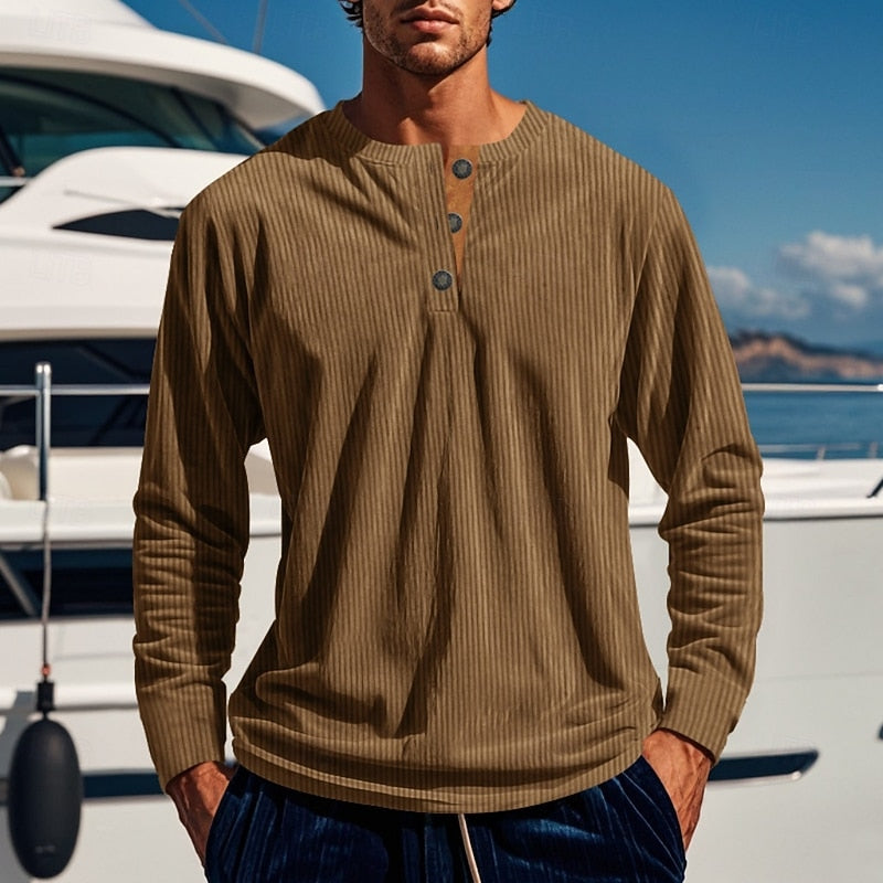 Henley Shirt Men's Ribbed Long Sleeve Button Neck Brown – Casual, Office · Faylori