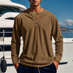 Henley Shirt Men's Ribbed Long Sleeve Button Neck Brown – Casual, Office · Faylori
