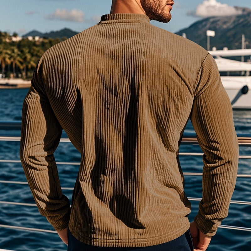 Henley Shirt Men's Ribbed Long Sleeve Button Neck Brown – Casual, Office · Faylori