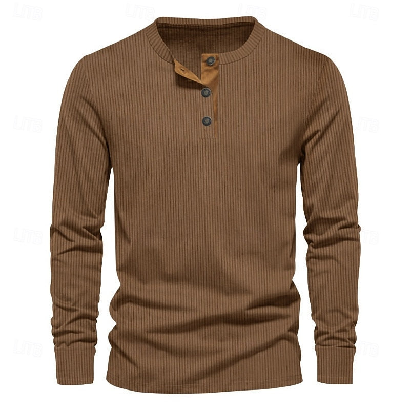 Henley Shirt Men's Ribbed Long Sleeve Button Neck Brown – Casual, Office · Faylori