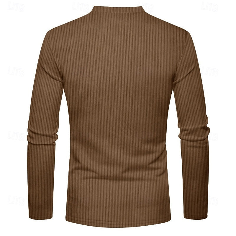 Henley Shirt Men's Ribbed Long Sleeve Button Neck Brown – Casual, Office · Faylori