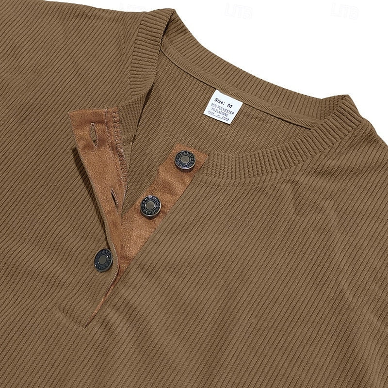 Henley Shirt Men's Ribbed Long Sleeve Button Neck Brown – Casual, Office · Faylori