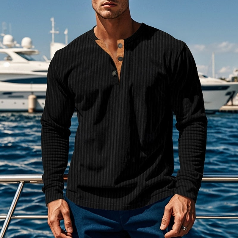 Henley Shirt Men's Ribbed Long Sleeve Button Neck Brown – Casual, Office · Faylori