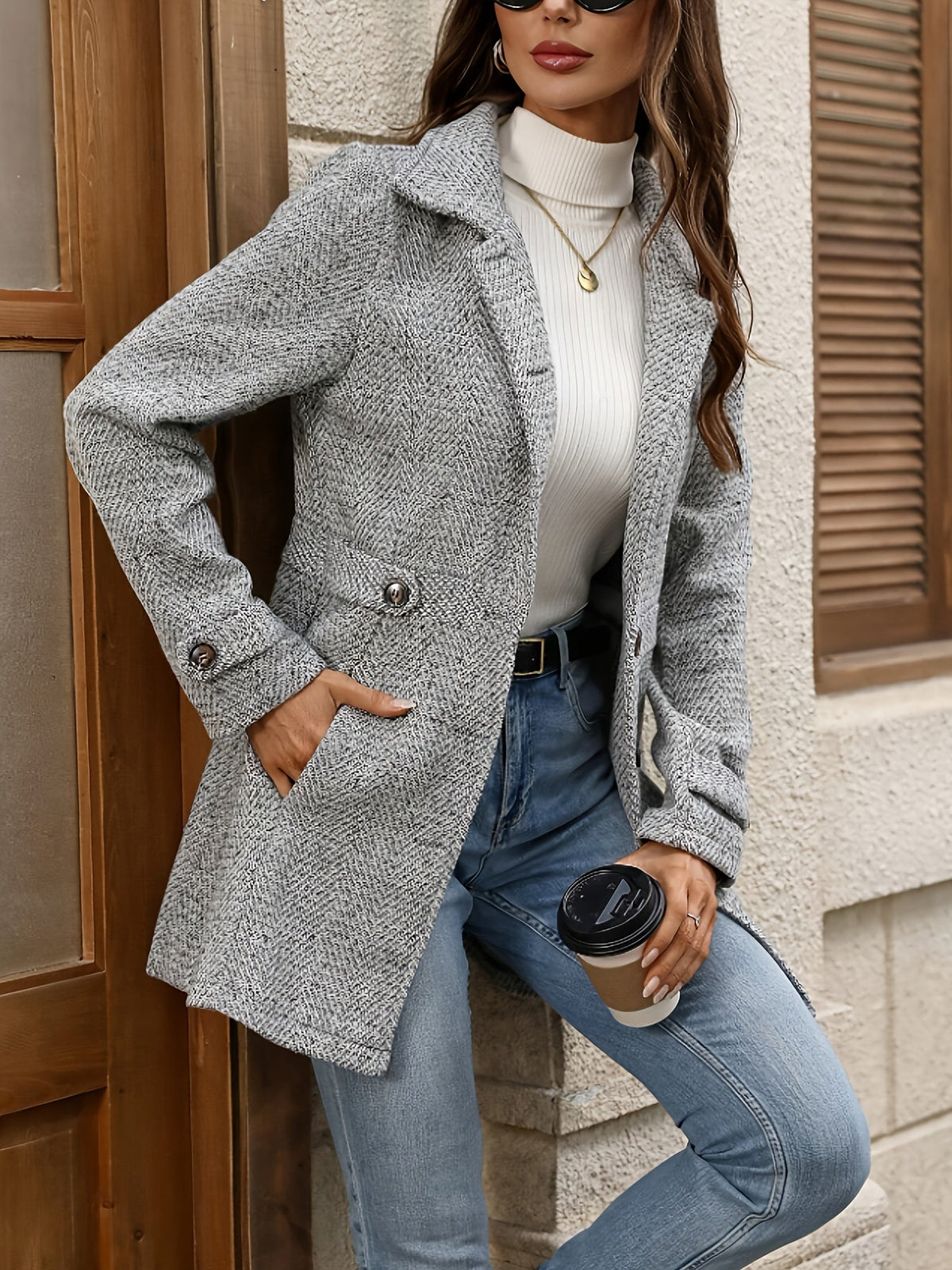Herringbone Coat Women's Gray Button-Front Lapel Collar – Casual, Office, Holiday, Gift