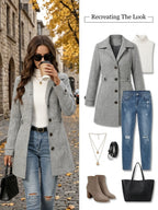 Herringbone Coat Women's Gray Button-Front Lapel Collar – Casual, Office, Holiday, Gift