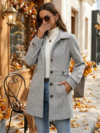 Herringbone Coat Women's Gray Button-Front Lapel Collar – Casual, Office, Holiday, Gift