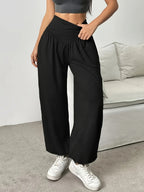 High-Waist Wide-Leg Lounge Trousers Women's Grey Palazzo Pants with Pockets – Casual, Home Comfort