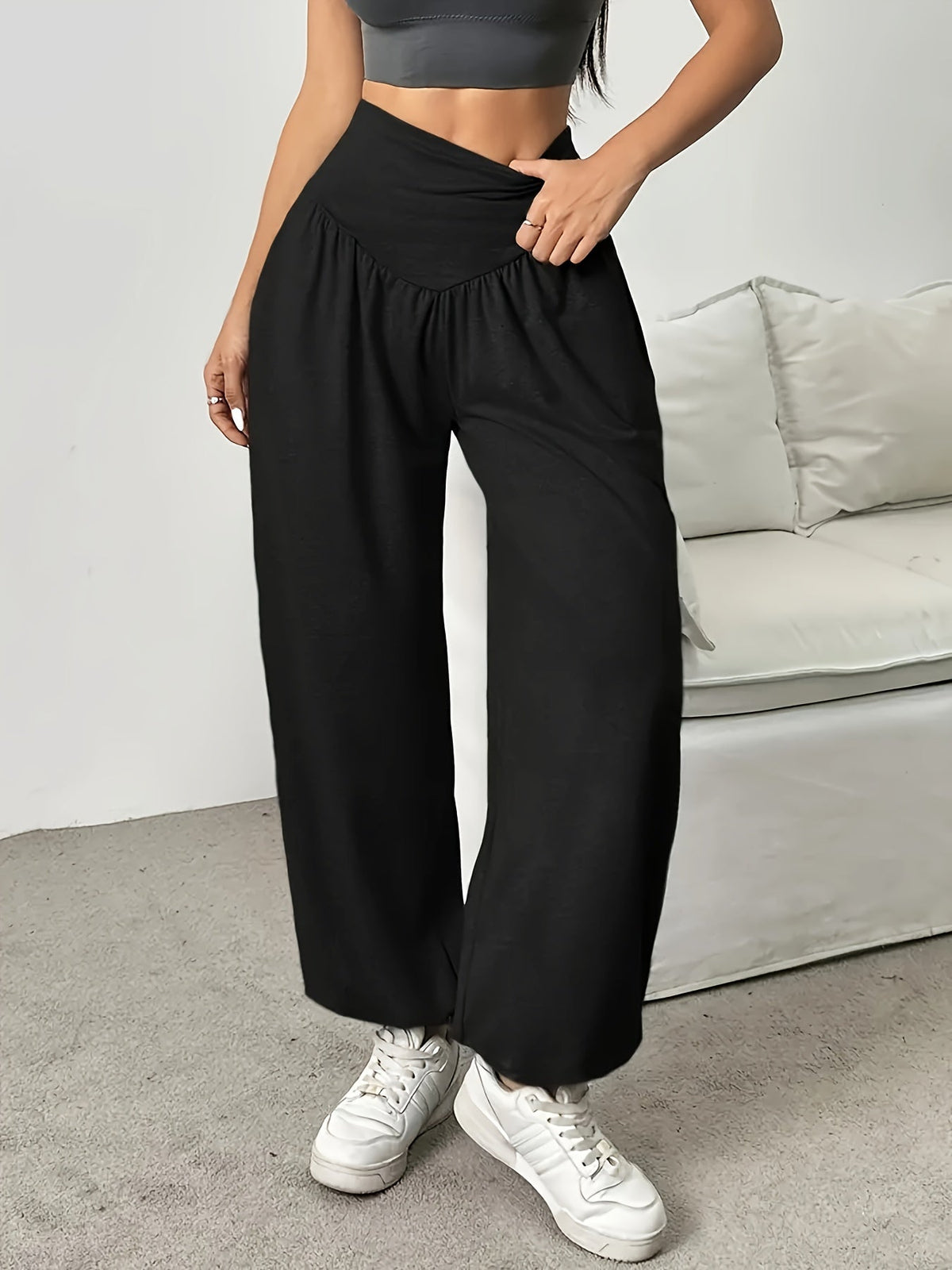 High-Waist Wide-Leg Lounge Trousers Women's Grey Palazzo Pants with Pockets – Casual, Home Comfort