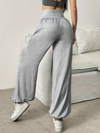 High-Waist Wide-Leg Lounge Trousers Women's Grey Palazzo Pants with Pockets – Casual, Home Comfort
