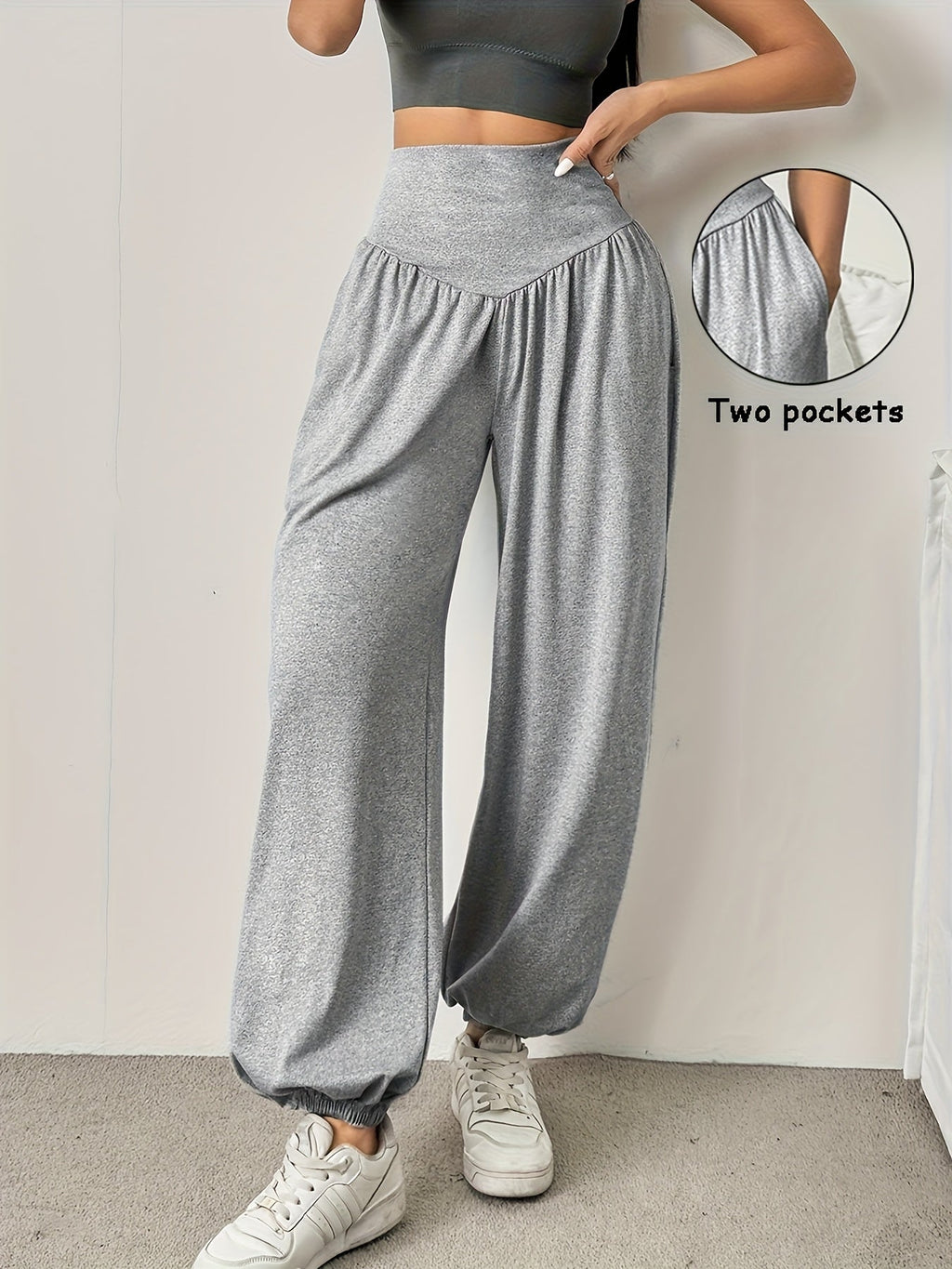 High-Waist Wide-Leg Lounge Trousers Women's Grey Palazzo Pants with Pockets – Casual, Home Comfort
