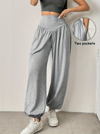 High-Waist Wide-Leg Lounge Trousers Women's Grey Palazzo Pants with Pockets – Casual, Home Comfort