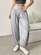 High-Waist Wide-Leg Lounge Trousers Women's Grey Palazzo Pants with Pockets – Casual, Home Comfort