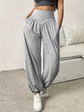 High-Waist Wide-Leg Lounge Trousers Women's Grey Palazzo Pants with Pockets – Casual, Home Comfort