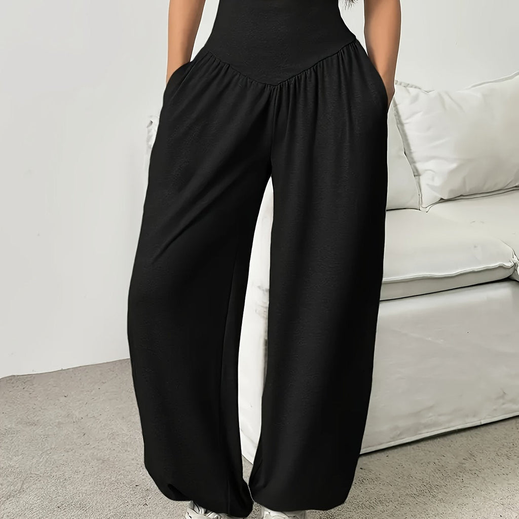 High-Waist Wide-Leg Lounge Trousers Women's Grey Palazzo Pants with Pockets – Casual, Home Comfort