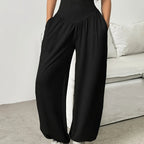 High-Waist Wide-Leg Lounge Trousers Women's Grey Palazzo Pants with Pockets – Casual, Home Comfort