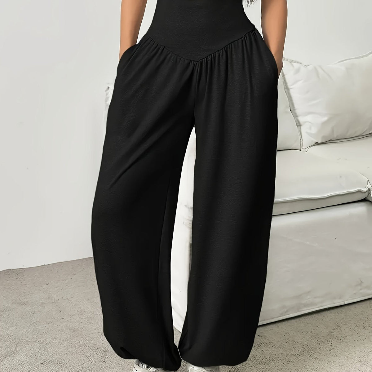 High-Waist Wide-Leg Lounge Trousers Women's Grey Palazzo Pants with Pockets – Casual, Home Comfort