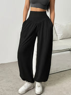 High-Waist Wide-Leg Lounge Trousers Women's Grey Palazzo Pants with Pockets – Casual, Home Comfort