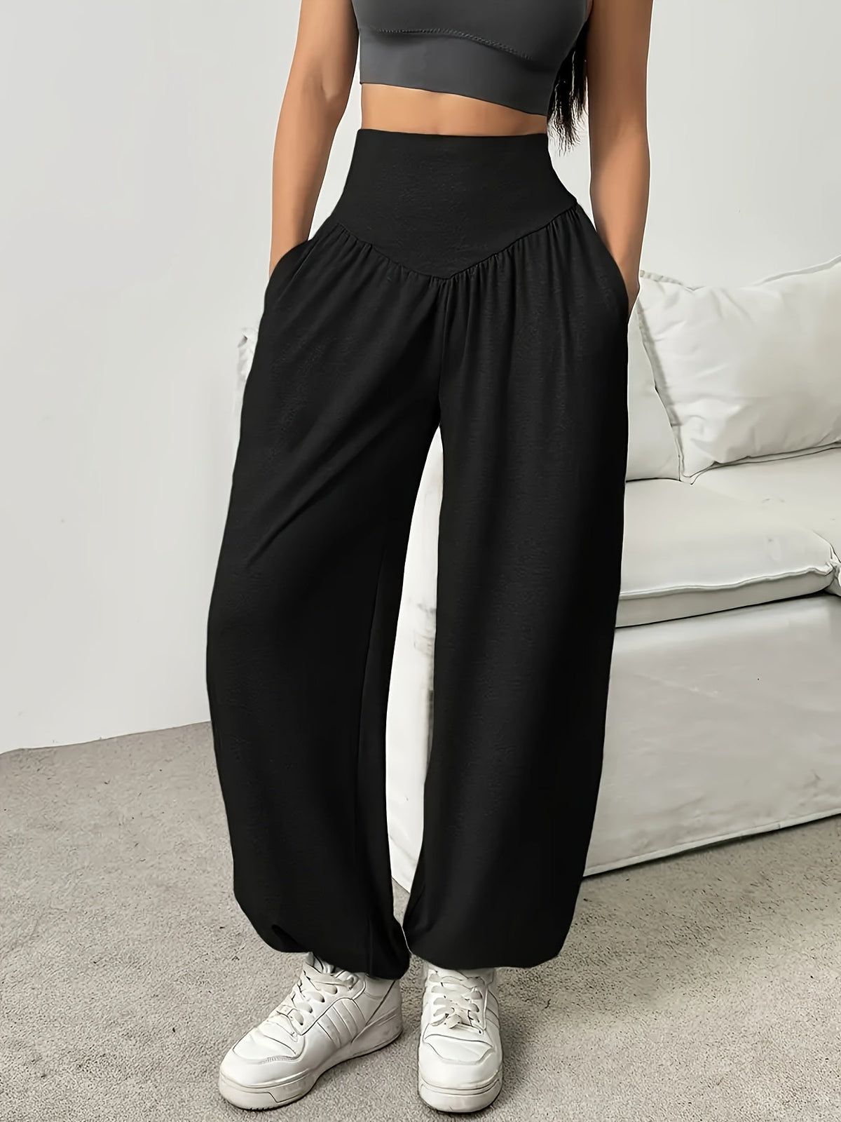 High-Waist Wide-Leg Lounge Trousers Women's Grey Palazzo Pants with Pockets – Casual, Home Comfort