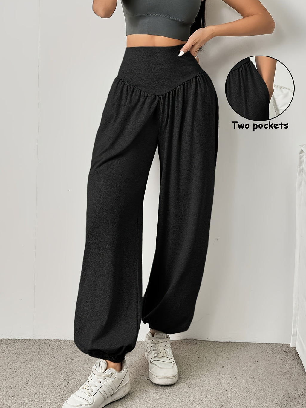 High-Waist Wide-Leg Lounge Trousers Women's Grey Palazzo Pants with Pockets – Casual, Home Comfort