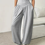 High-Waist Wide-Leg Lounge Trousers Women's Grey Palazzo Pants with Pockets – Casual, Home Comfort