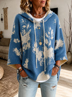 Hooded Cape Sweater Floral Print Drawstring Knit Women's – Casual, Everyday · Faylori