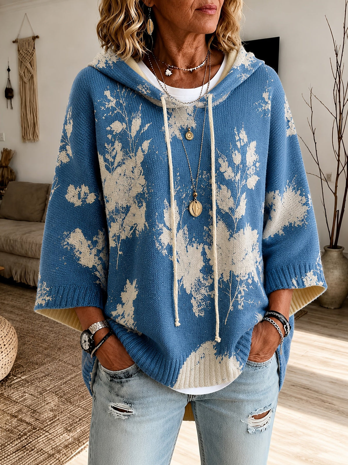 Hooded Cape Sweater Floral Print Drawstring Knit Women's – Casual, Everyday · Faylori