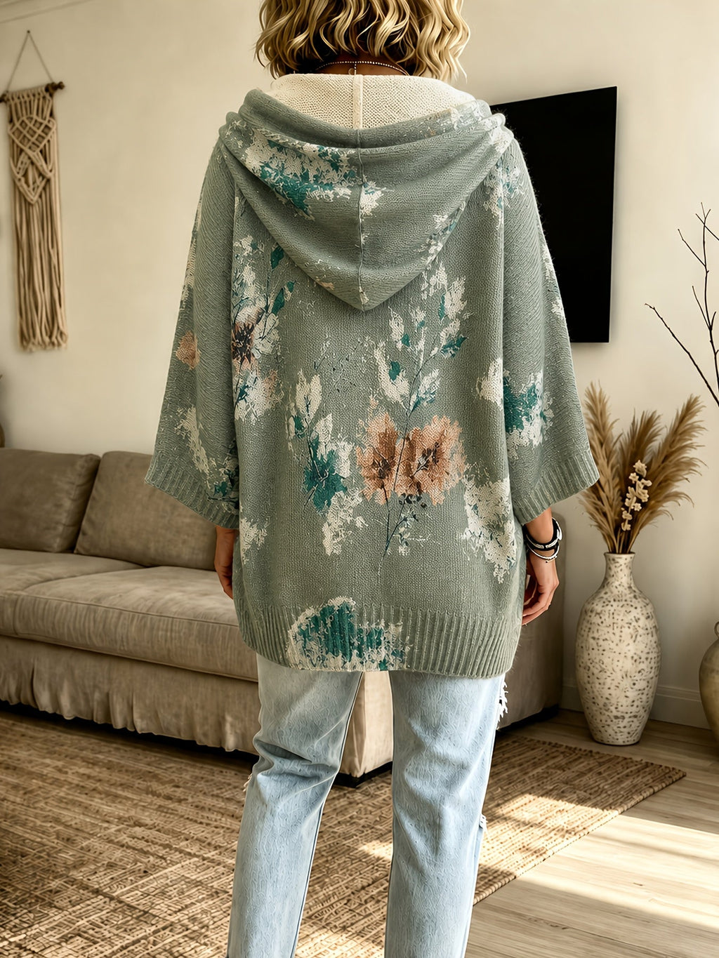 Hooded Cape Sweater Floral Print Drawstring Knit Women's – Casual, Everyday · Faylori