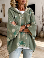 Hooded Cape Sweater Floral Print Drawstring Knit Women's – Casual, Everyday · Faylori