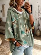Hooded Cape Sweater Floral Print Drawstring Knit Women's – Casual, Everyday · Faylori