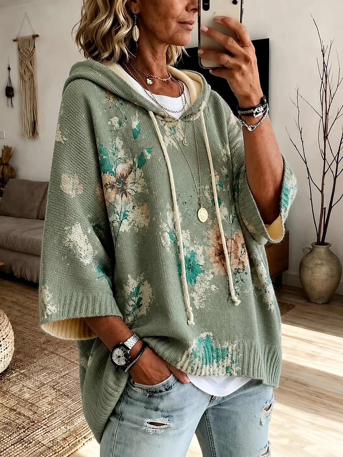 Hooded Cape Sweater Floral Print Drawstring Knit Women's – Casual, Everyday · Faylori