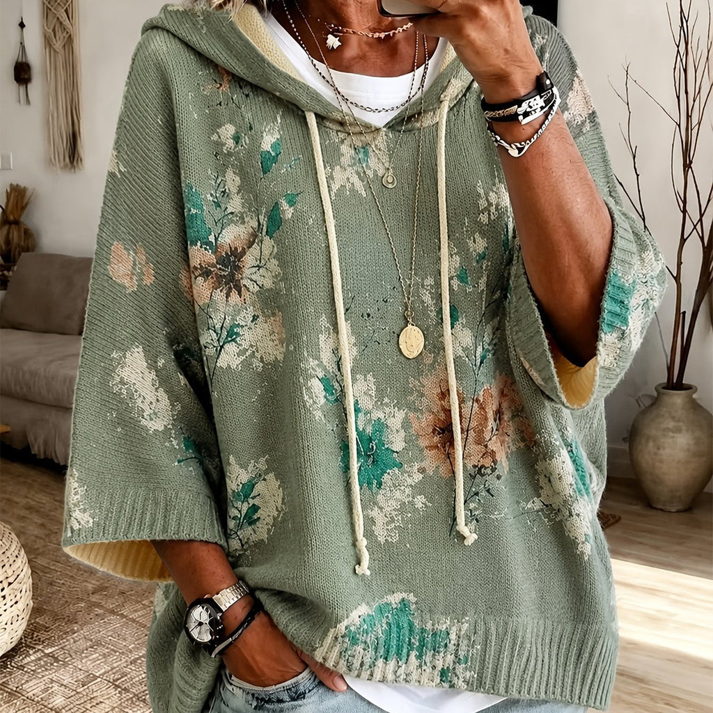 Hooded Cape Sweater Floral Print Drawstring Knit Women's – Casual, Everyday · Faylori