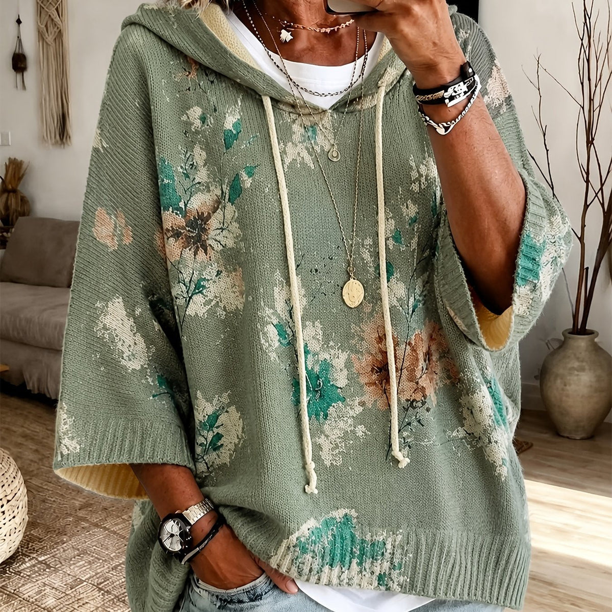 Hooded Cape Sweater Floral Print Drawstring Knit Women's – Casual, Everyday · Faylori
