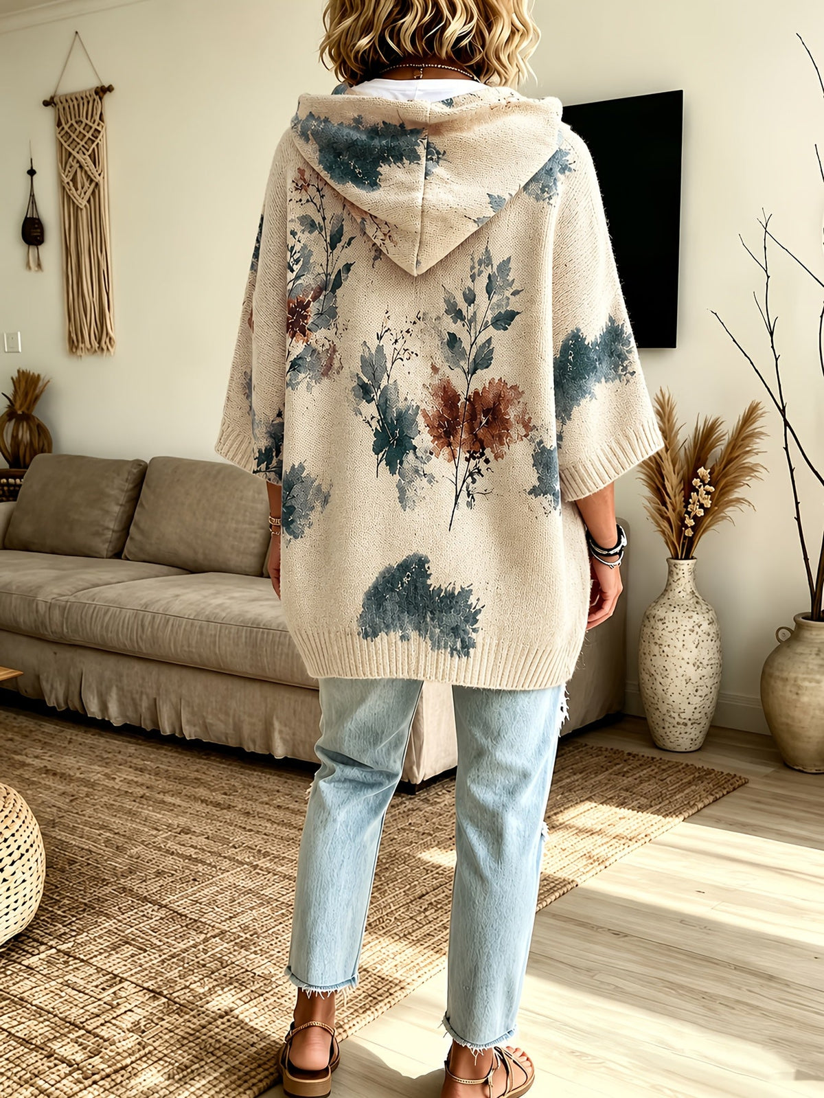 Hooded Cape Sweater Floral Print Drawstring Knit Women's – Casual, Everyday · Faylori