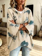 Hooded Cape Sweater Floral Print Drawstring Knit Women's – Casual, Everyday · Faylori